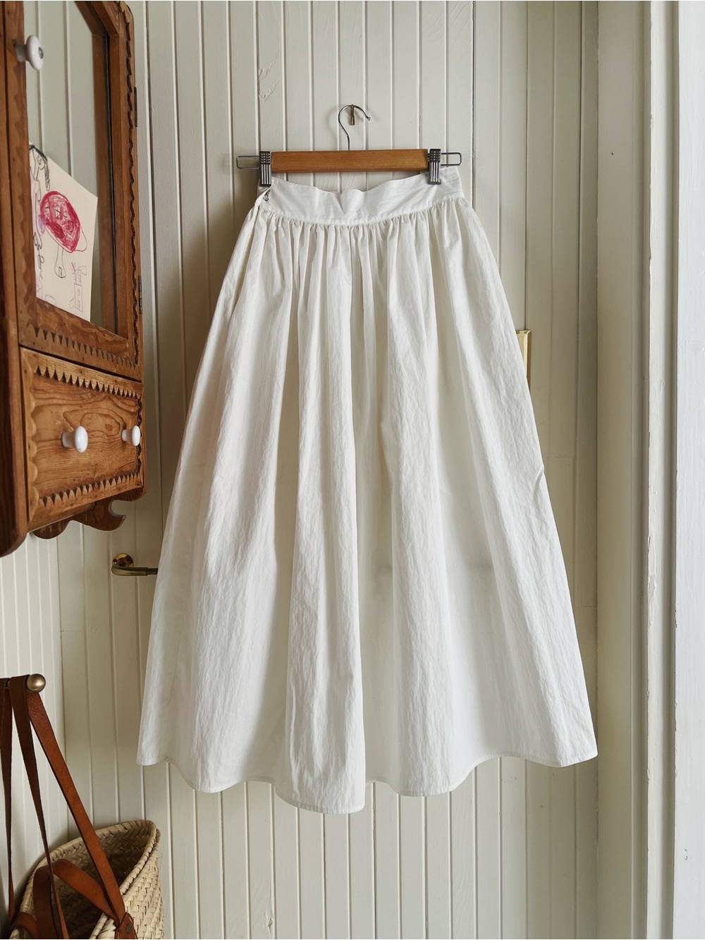 Jesse Kamm Ranch Skirt | White Full Midi Gathered Waist Skirt | Size S - Picture 3 of 6